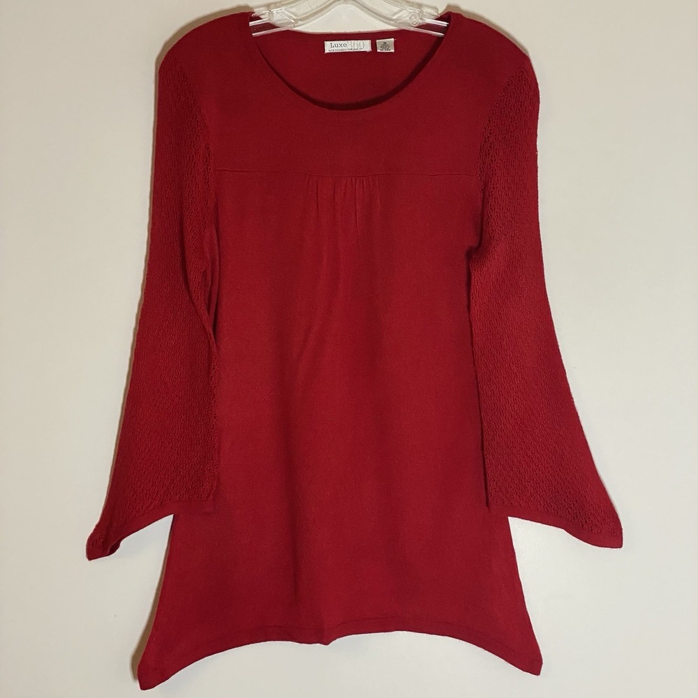 Designer Originals Sweater Womens Medium Tunic Red Luxe 360 Crochet Sleeve Fun M